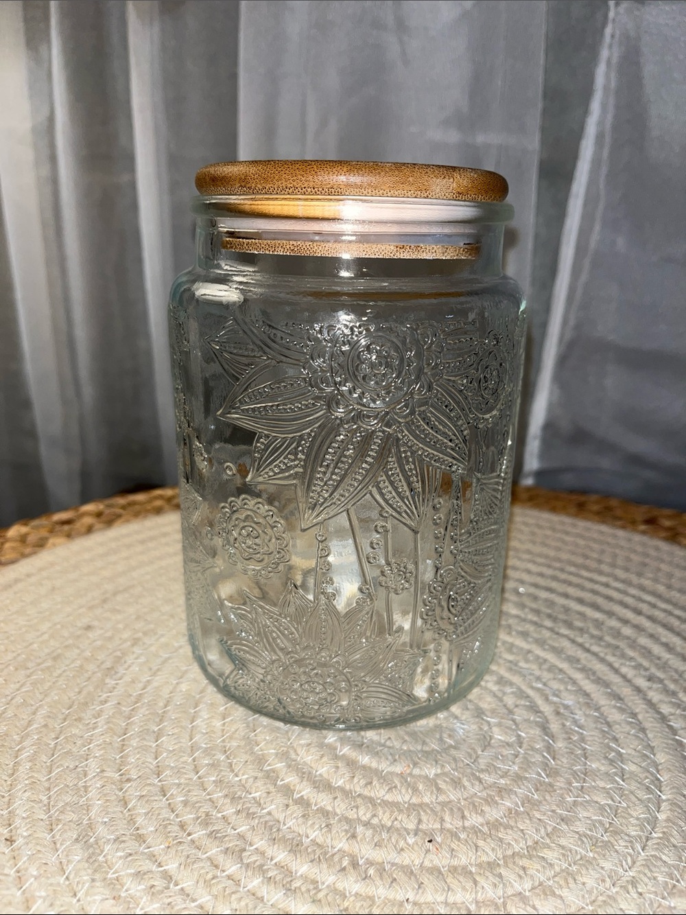Clear Floral Embossed Glass Storage Jar with Bamboo Lid